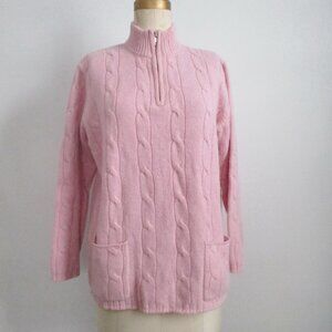 Wool Angora Pink Cable Knit Half Zip Pullover Sweater Mock Neck w/ Pockets